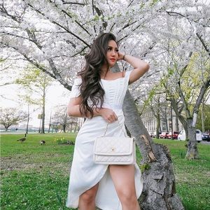 Ivory Satin Bardot Sleeve Corset Wrap Midi Dress with Dior Ribbon Lacing